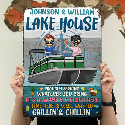 Welcome To Our Lake House Proudly Serving Whatever You Bring - Oudoor Home Decor, Lake House Sign, Gift For Pontooning Lovers, Couples, Husband, Wife - Personalized Custom Classic Metal Signs