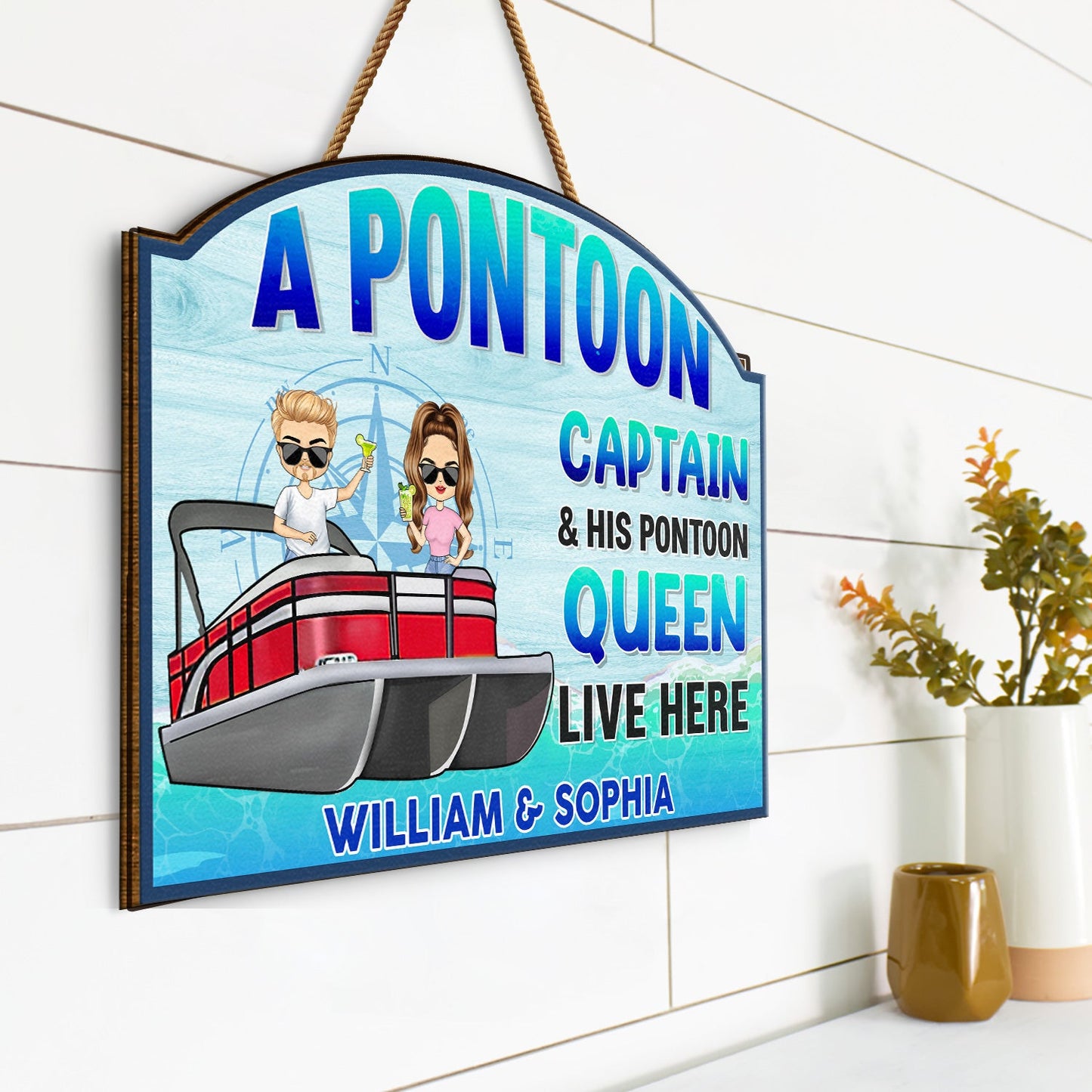 A Pontoon Captain And His Pontoon Queen Live Here - Home Decor, Backyard Decor, Lake House Sign, Gift For Her, Him, Family, Couples, Husband, Wife - Personalized Custom Shaped Wood Sign