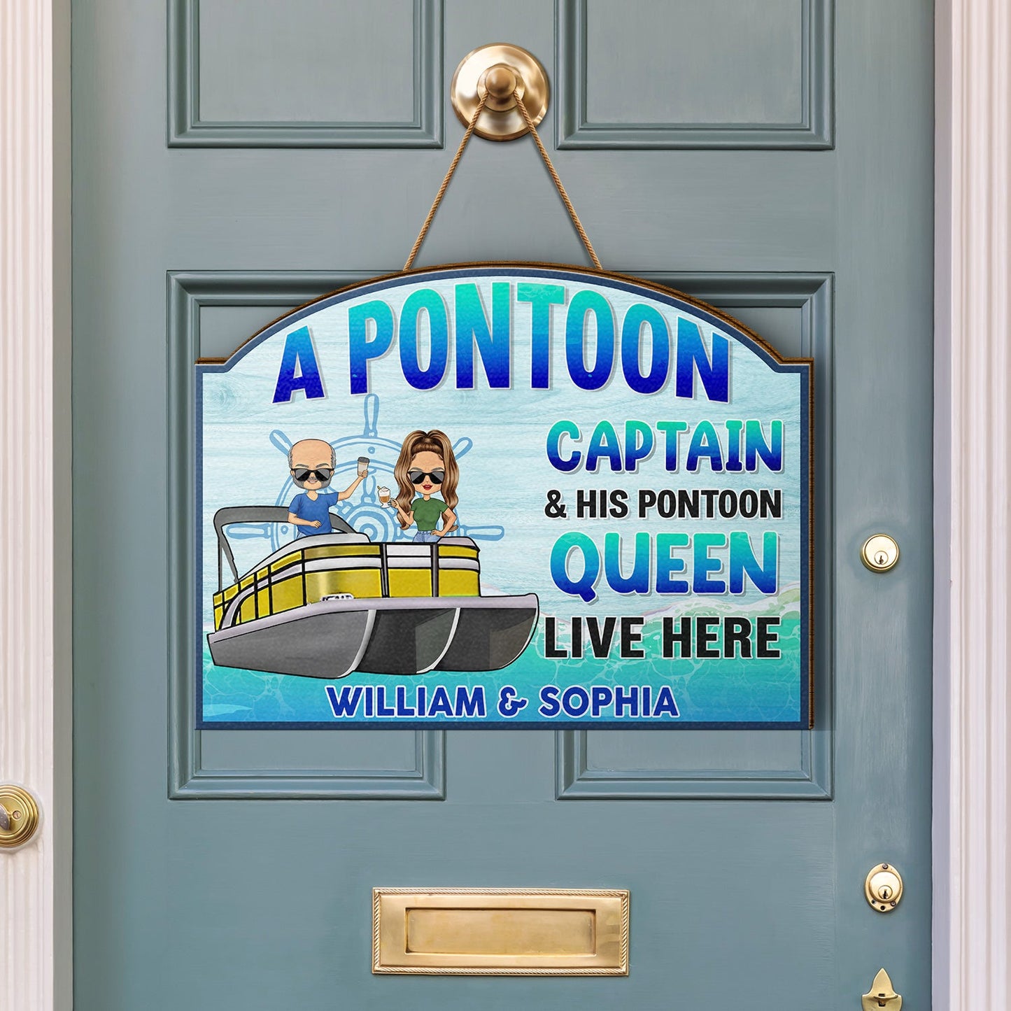 A Pontoon Captain And His Pontoon Queen Live Here - Home Decor, Backyard Decor, Lake House Sign, Gift For Her, Him, Family, Couples, Husband, Wife - Personalized Custom Shaped Wood Sign