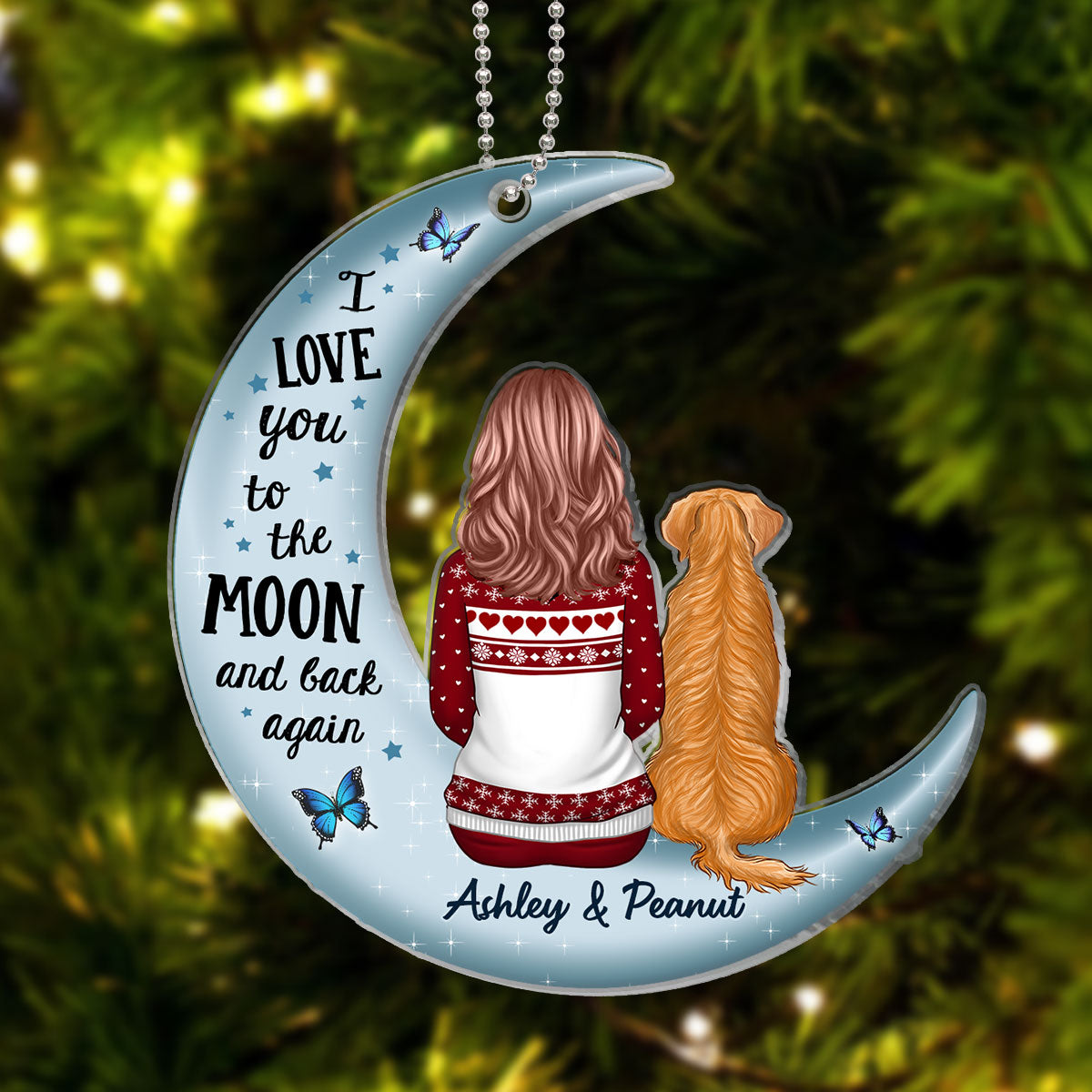 Love To The Moon Woman Dog Cat Keepsake Personalized Acrylic Ornament