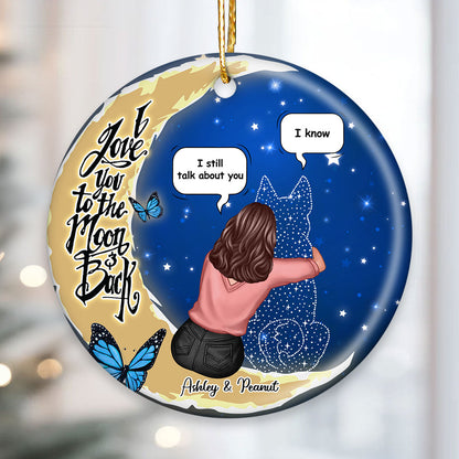 Dog Memorial Sitting On Moon Personalized Circle Ceramic Ornament