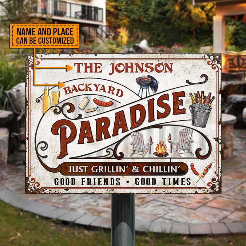 Personalized Backyard Paradise Just Grilling Custom Classic Metal Signs