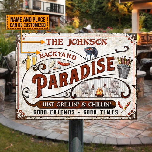 Personalized Backyard Paradise Just Grilling Custom Classic Metal Signs