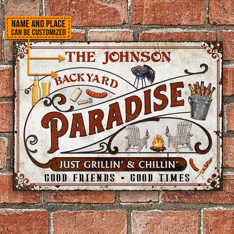 Personalized Backyard Paradise Just Grilling Custom Classic Metal Signs