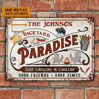 Personalized Backyard Paradise Just Grilling Custom Classic Metal Signs
