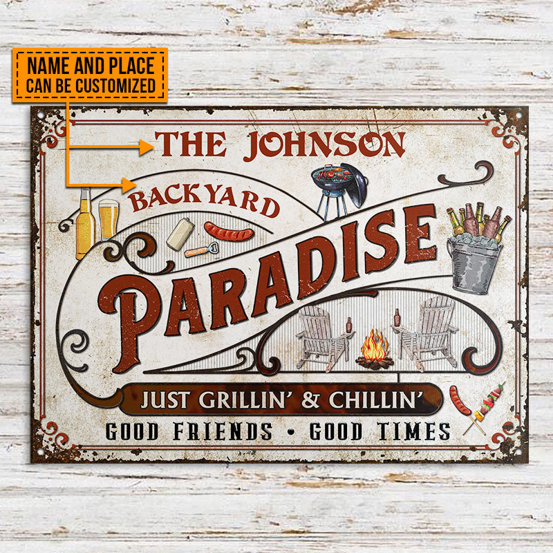 Personalized Backyard Paradise Just Grilling Custom Classic Metal Signs