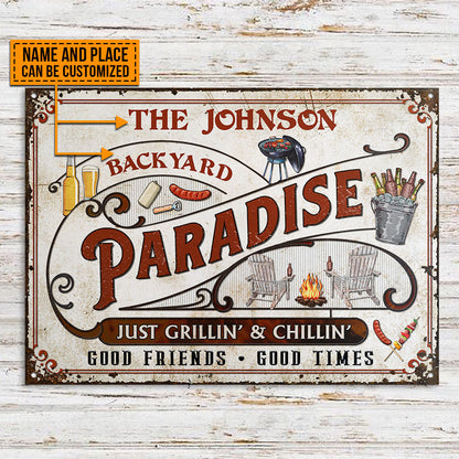 Personalized Backyard Paradise Just Grilling Custom Classic Metal Signs