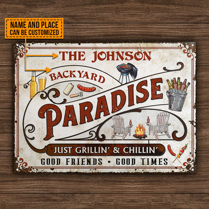 Personalized Backyard Paradise Just Grilling Custom Classic Metal Signs