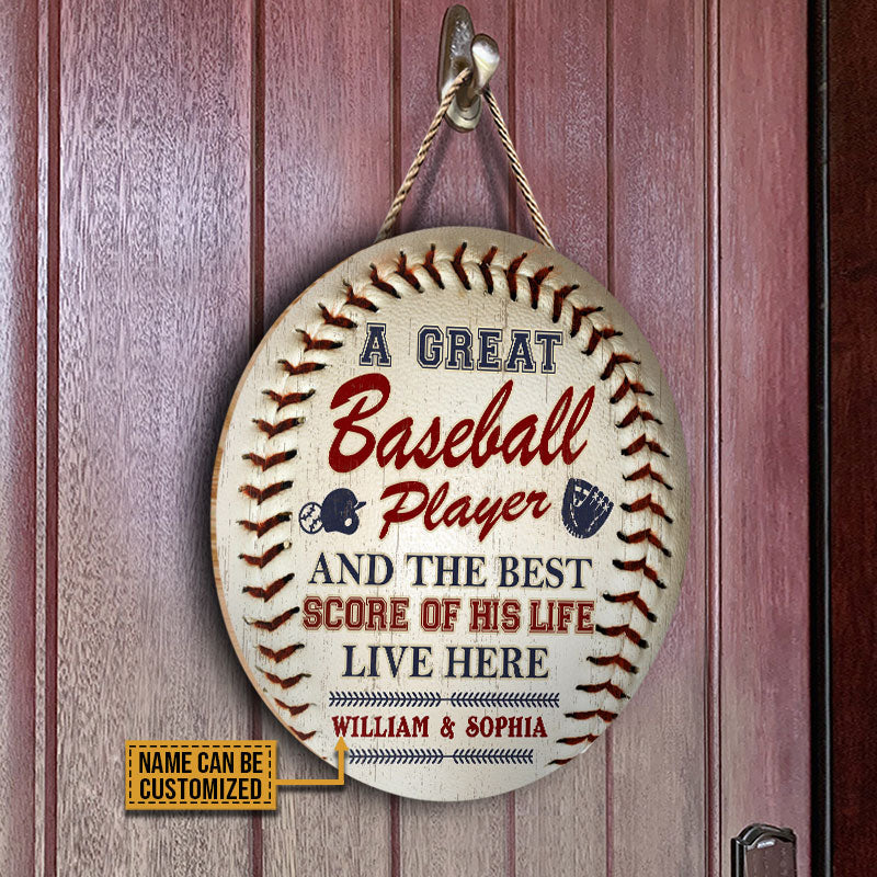 Personalized Baseball Couple Live Here Customized Wood Circle Sign