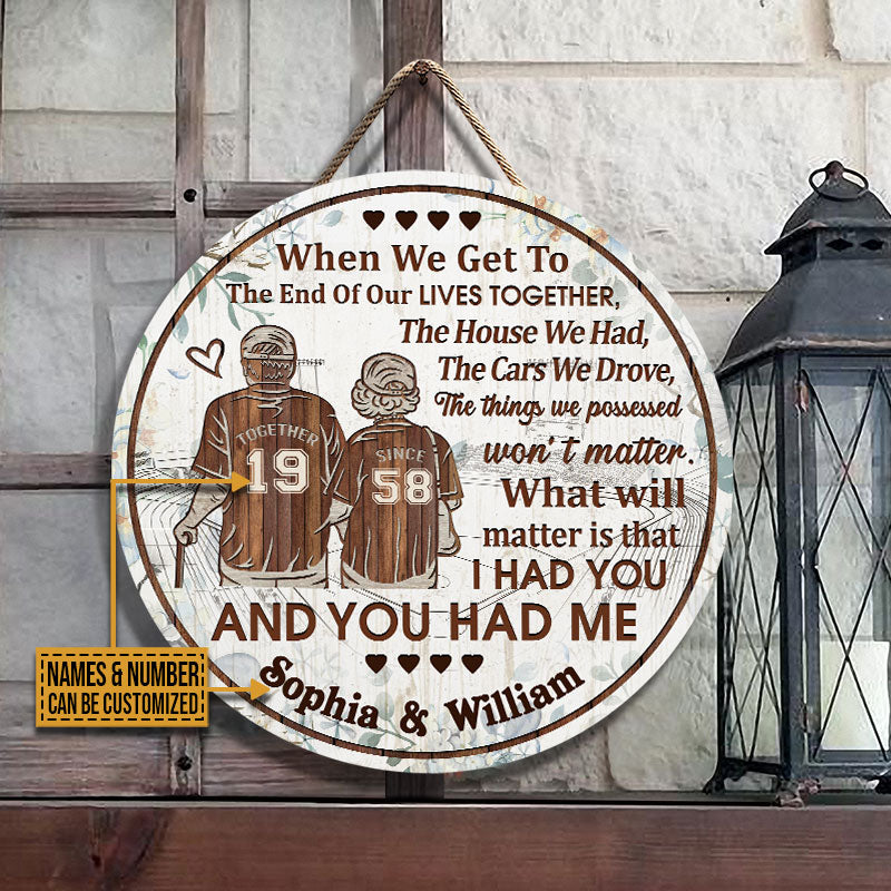 Personalized Baseball Old Couple Floral End Of Our Lives Custom Wood Circle Sign