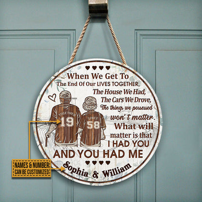 Personalized Baseball Old Couple Floral End Of Our Lives Custom Wood Circle Sign
