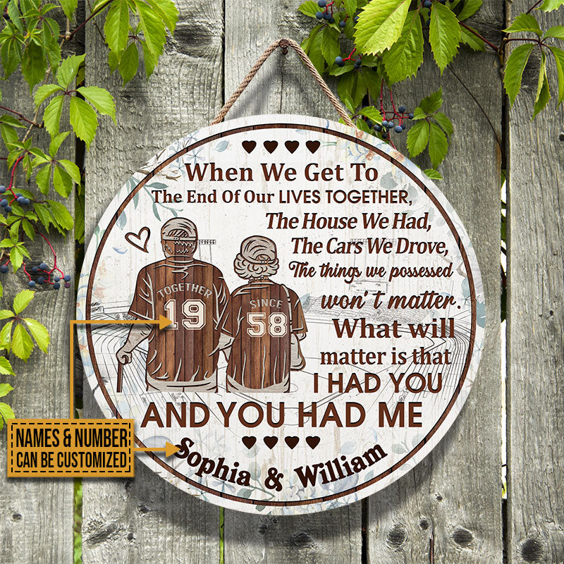 Personalized Baseball Old Couple Floral End Of Our Lives Custom Wood Circle Sign