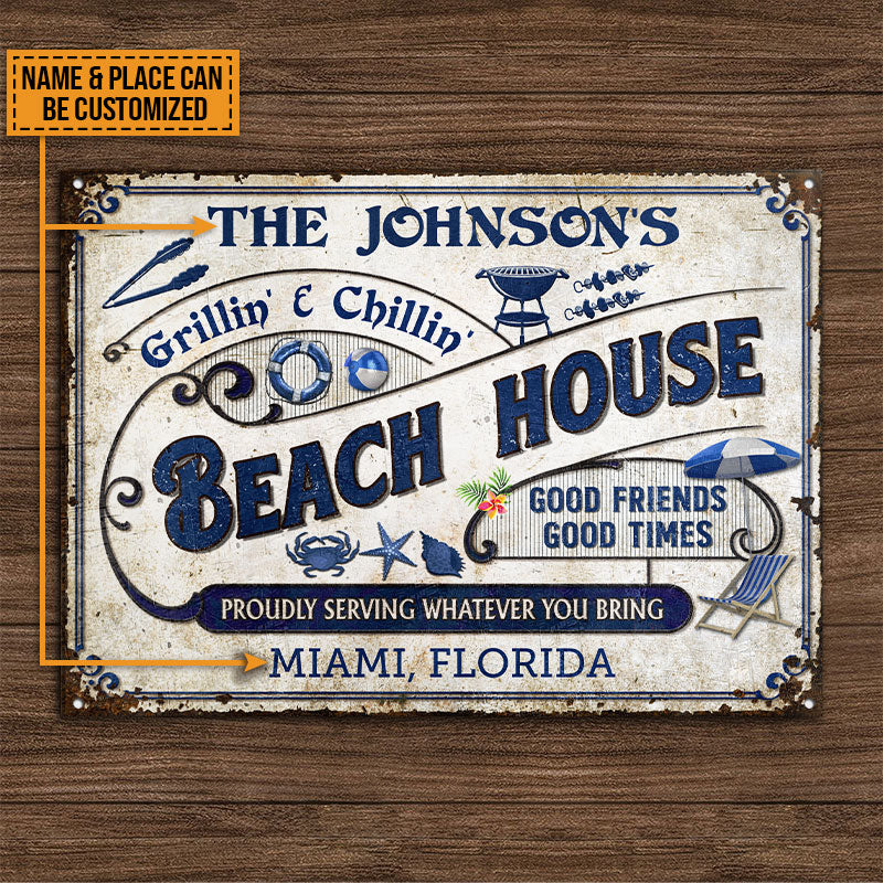 Personalized Beach Grilling Good Friends Good Times Customized Classic Metal Sign