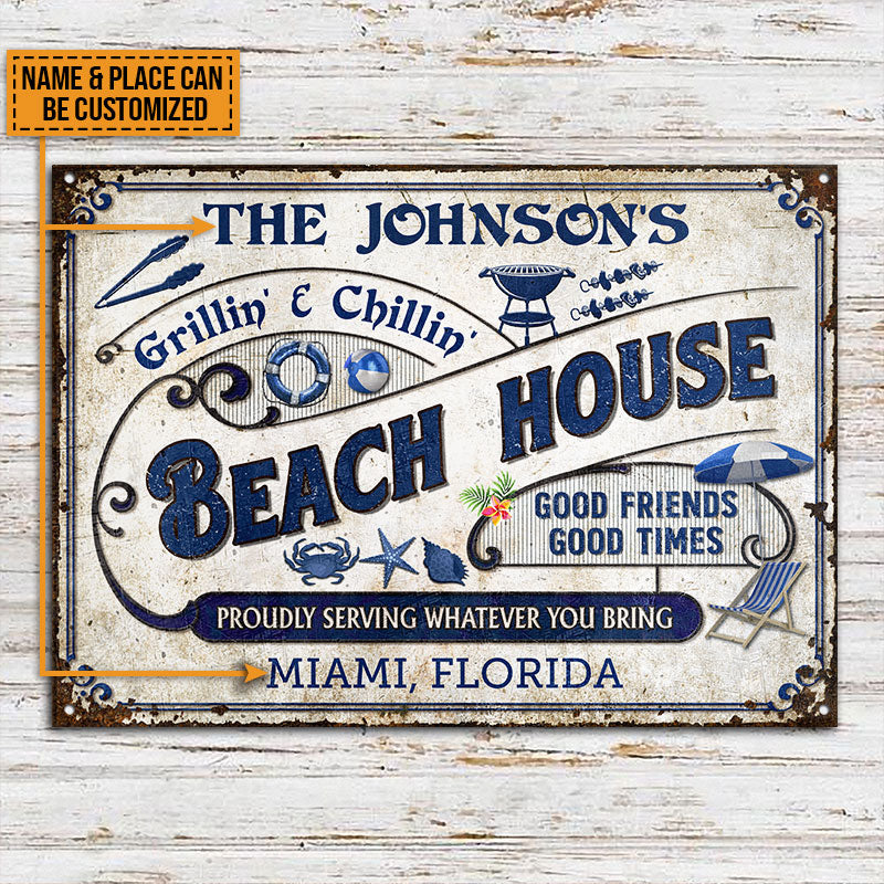 Personalized Beach Grilling Good Friends Good Times Customized Classic Metal Sign