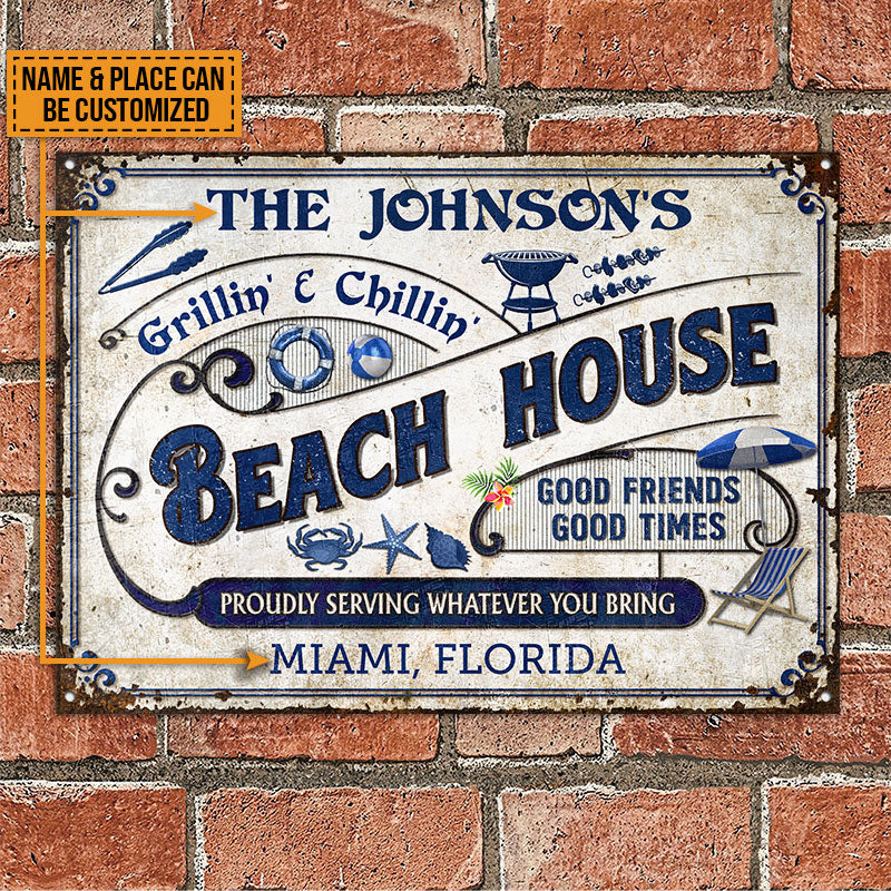 Personalized Beach Grilling Good Friends Good Times Customized Classic Metal Sign