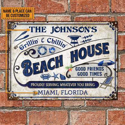 Personalized Beach Grilling Good Friends Good Times Customized Classic Metal Sign
