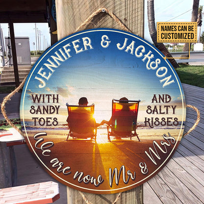 Personalized Beach Sandy Toes Salty Kisses Customized Wood Circle Sign