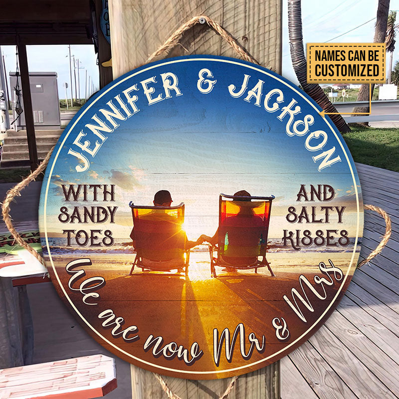 Personalized Beach Sandy Toes Salty Kisses Customized Wood Circle Sign