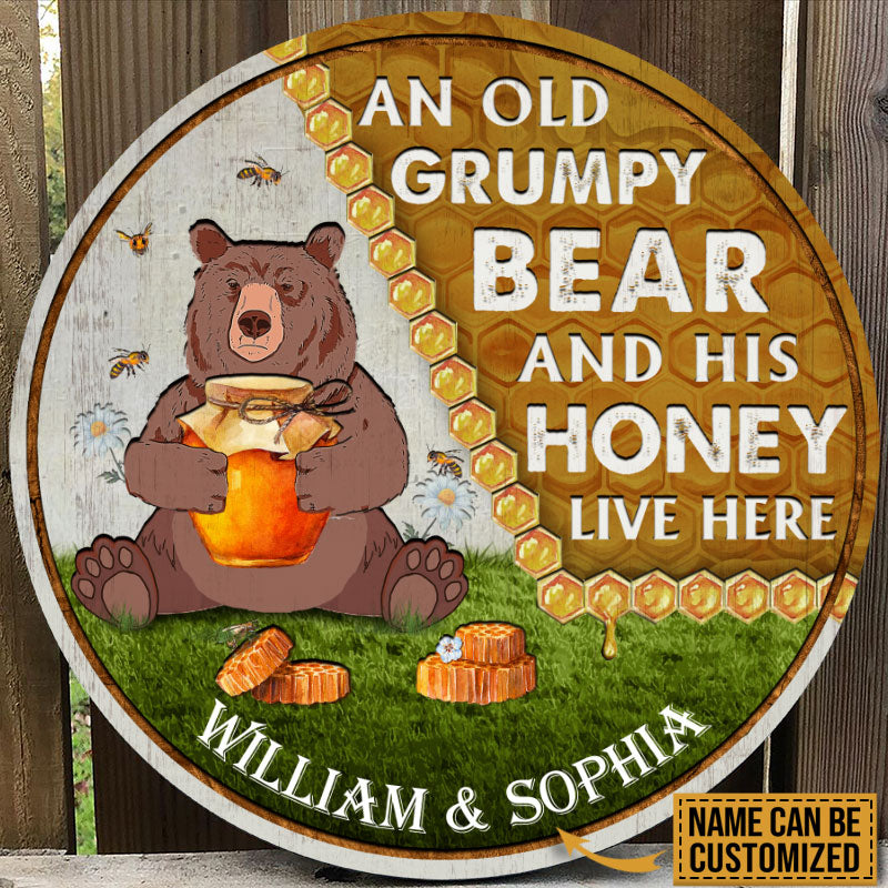 Personalized Bear And His Honey Bee Live Here Custom Wood Circle Sign