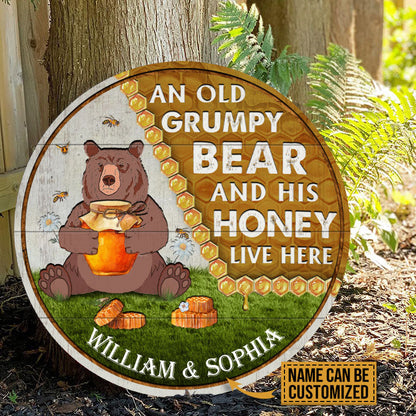 Personalized Bear And His Honey Bee Live Here Custom Wood Circle Sign