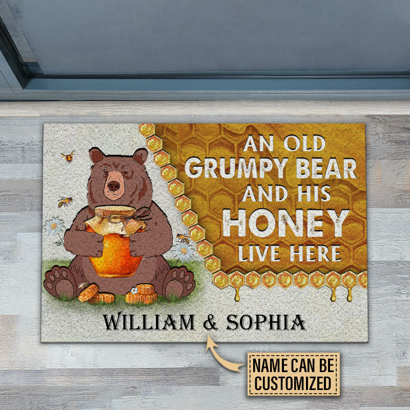 Personalized Bear And His Honey Bee Live Here Customized Doormat