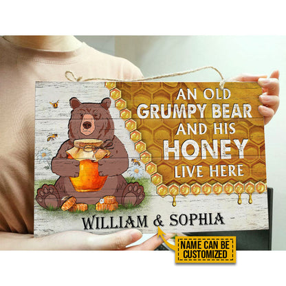 Personalized Bear And His Honey Bee Live Here Customized Wood Rectangle Sign