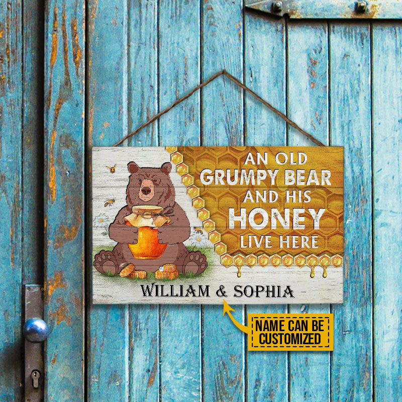 Personalized Bear And His Honey Bee Live Here Customized Wood Rectangle Sign