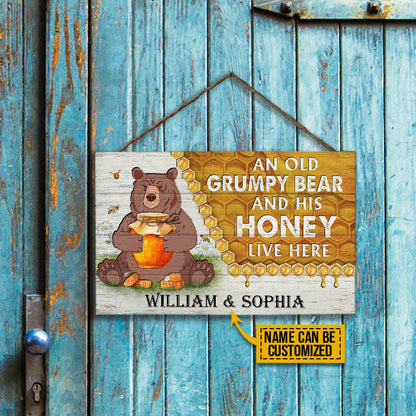 Personalized Bear And His Honey Bee Live Here Customized Wood Rectangle Sign