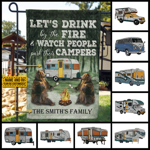 Personalized Camping Bear Let's Drink By Fire Custom RV Customized Flag