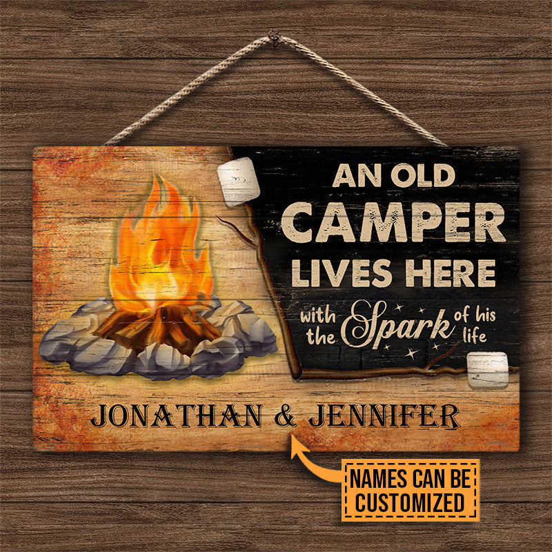 Personalized Camping Camper & Spark Live Here Customized Wood Rectangle Sign
