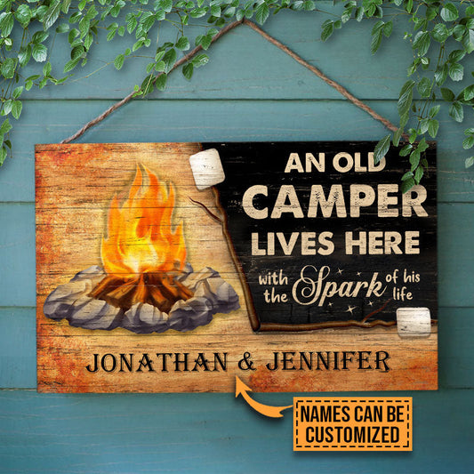 Personalized Camping Camper & Spark Live Here Customized Wood Rectangle Sign