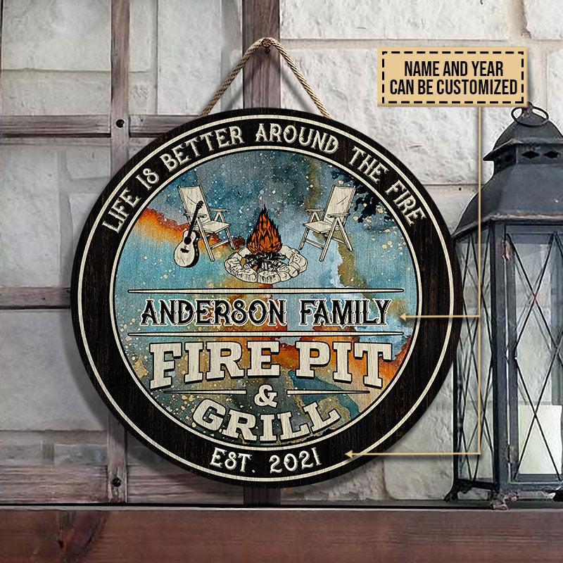 Personalized Camping Fire Pit And Grill Customized Wood Circle Sign