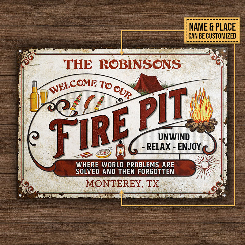 Personalized Camping Fire Pit World Problems Are Solved Custom Classic Metal Signs