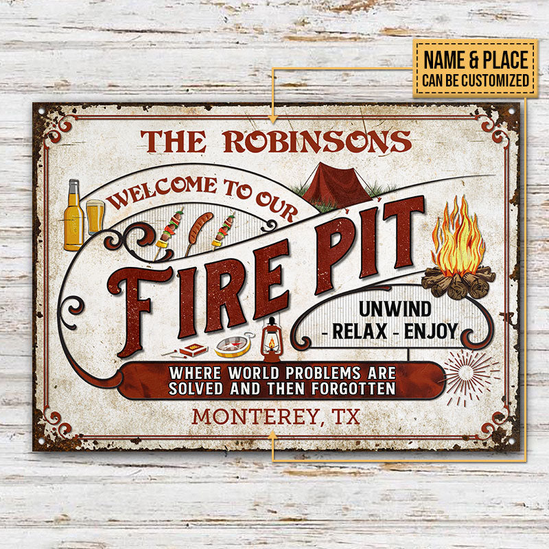 Personalized Camping Fire Pit World Problems Are Solved Custom Classic Metal Signs