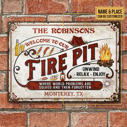Personalized Camping Fire Pit World Problems Are Solved Custom Classic Metal Signs