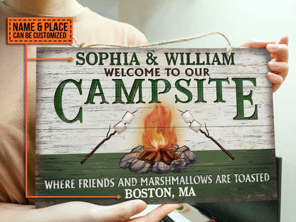 Personalized Camping Friends And Marshmallows Customized Wood Rectangle Sign