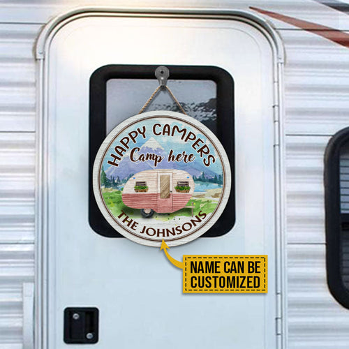 Personalized Camping Happy Campers Here Customized Wood Circle Sign