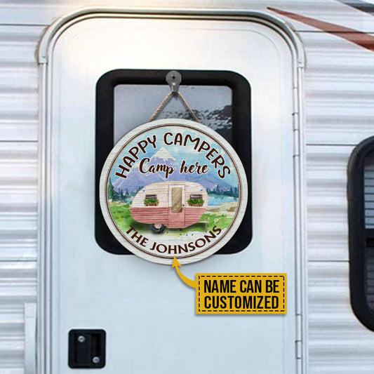 Personalized Camping Happy Campers Here Customized Wood Circle Sign