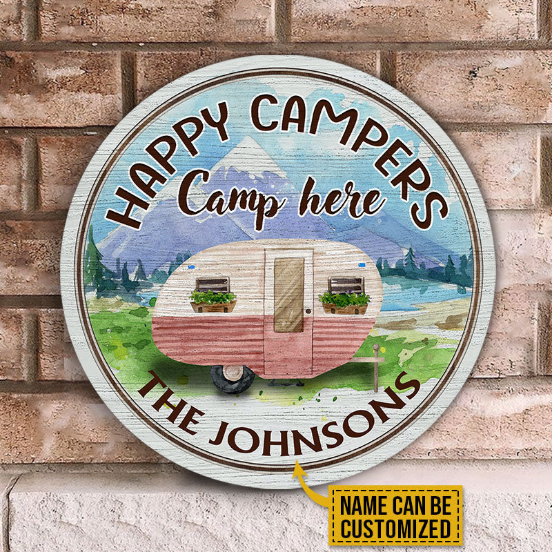 Personalized Camping Happy Campers Here Customized Wood Circle Sign