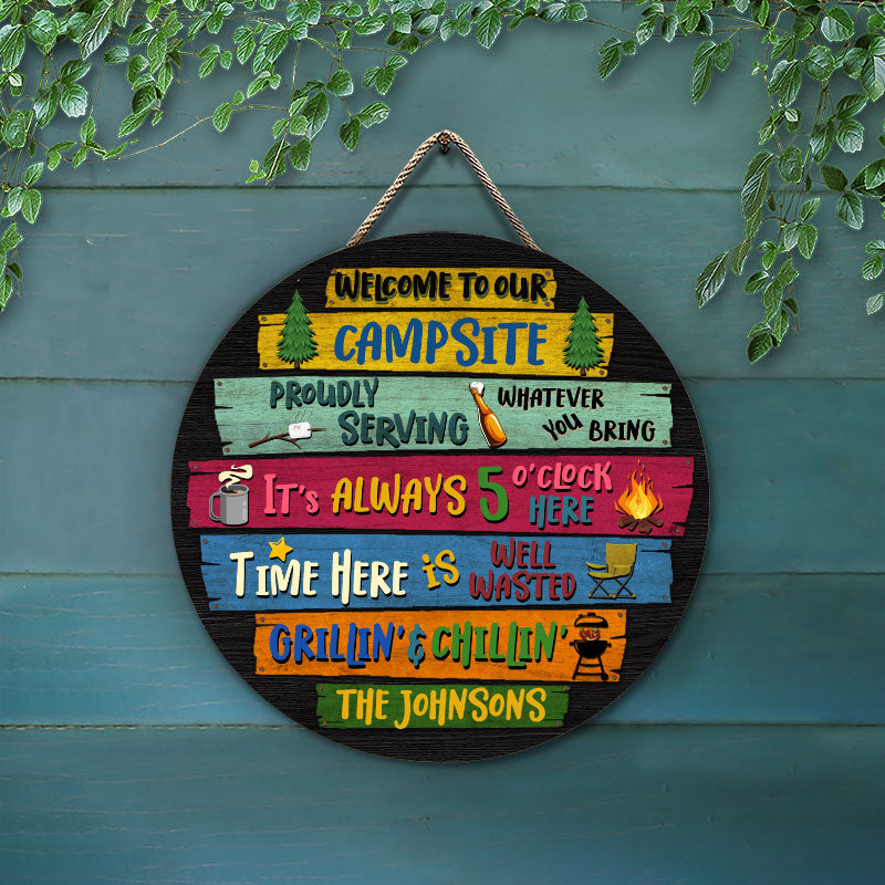 Personalized Camping Proudly Serving Custom Wood Circle Sign, Camping Gift