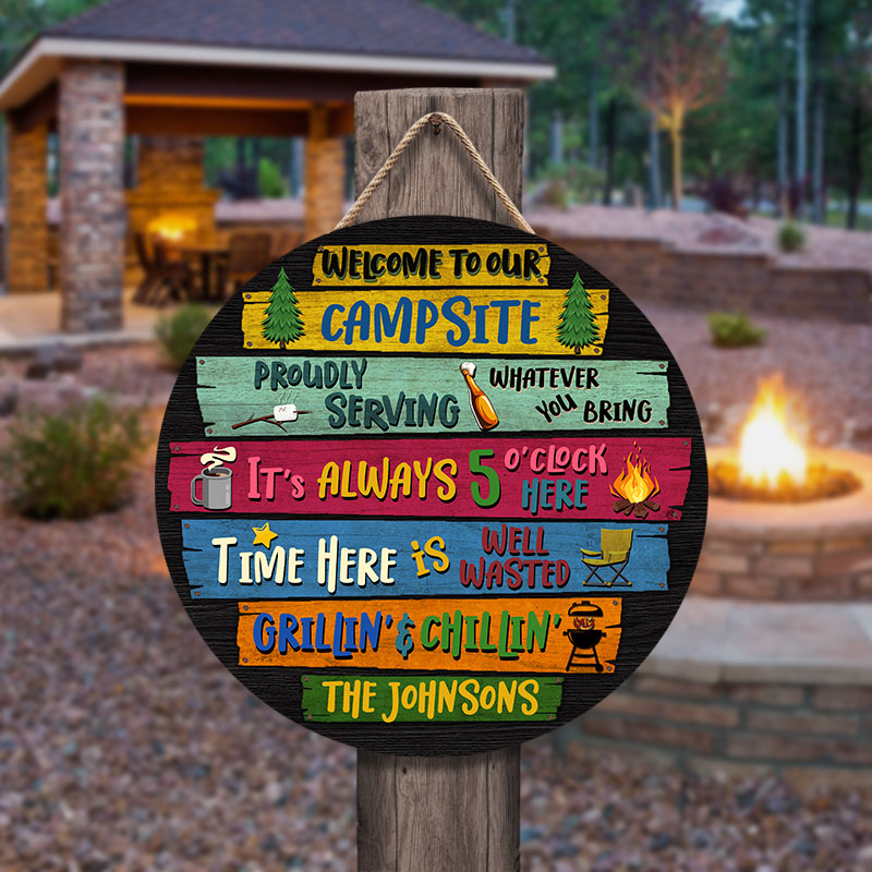 Personalized Camping Proudly Serving Custom Wood Circle Sign, Camping Gift
