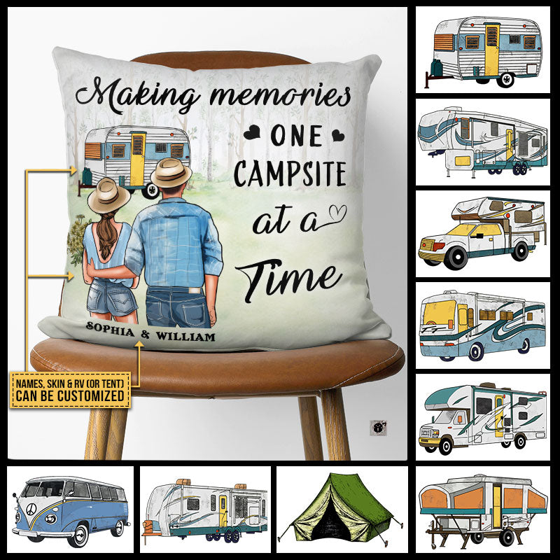 Personalized Camping Young Couple Making Custom Pillow