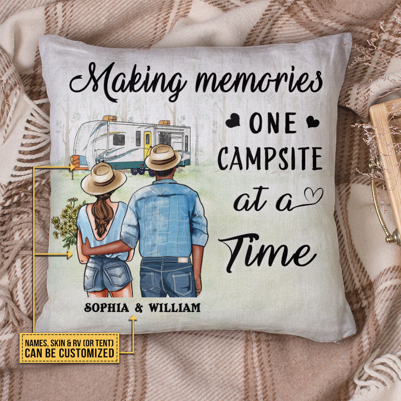Personalized Camping Young Couple Making Custom Pillow