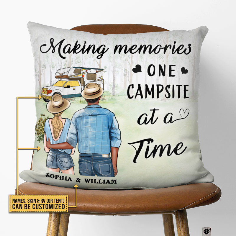 Personalized Camping Young Couple Making Custom Pillow