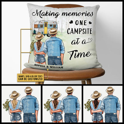 Personalized Camping Young Couple Making Custom Pillow