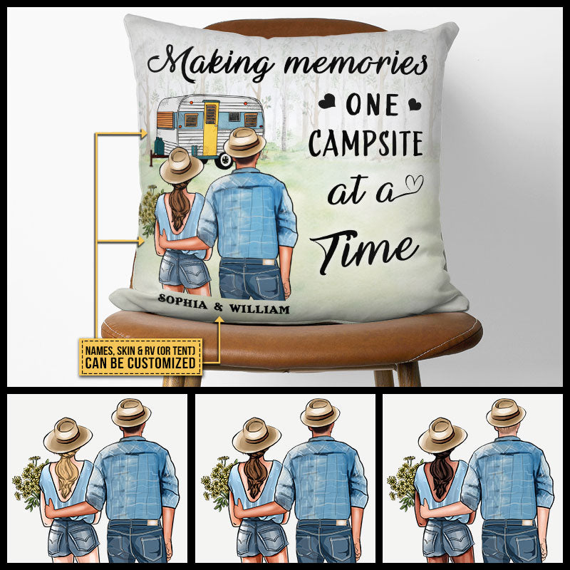 Personalized Camping Young Couple Making Custom Pillow