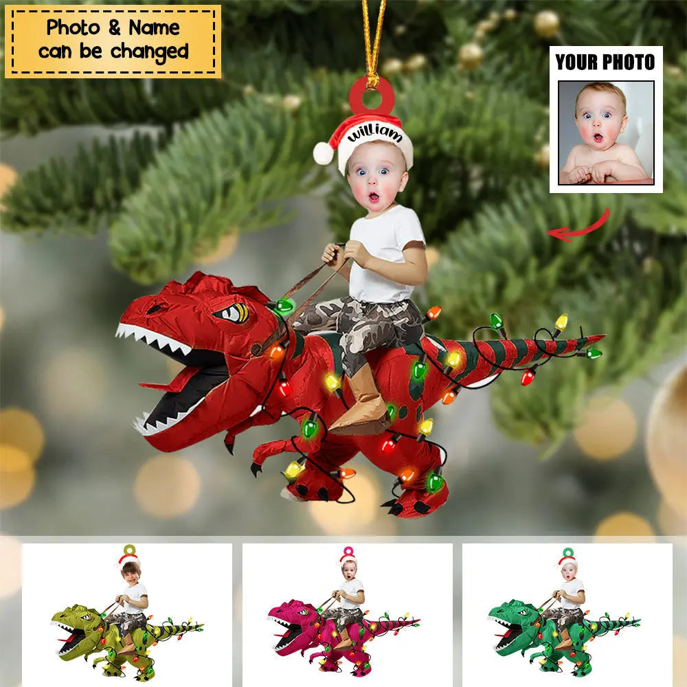 Personalized Cute Kid Rides The Dinosaurus Christmas Light Ornament ornament The Next Custom Gift