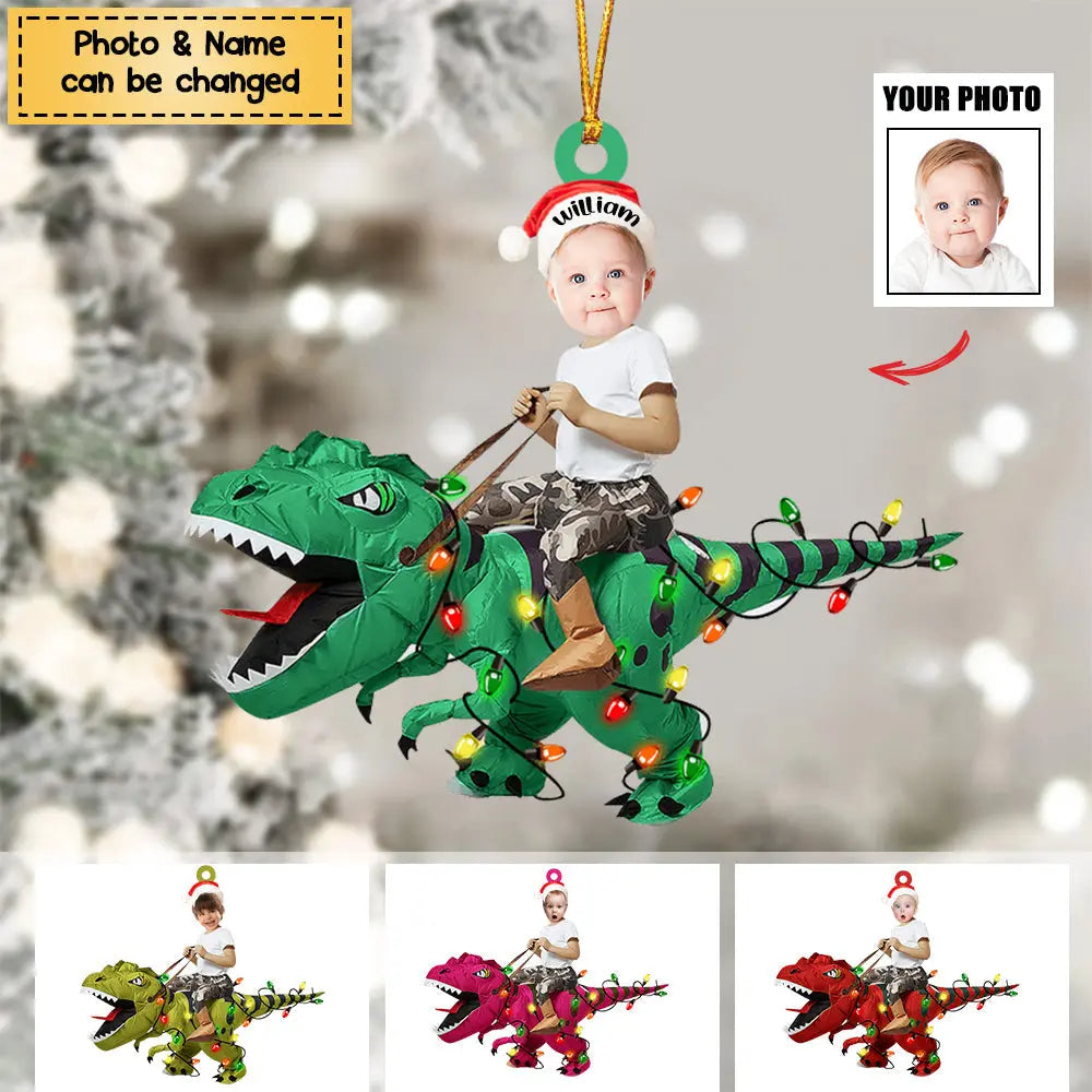 Personalized Cute Kid Rides The Dinosaurus Christmas Light Ornament ornament The Next Custom Gift