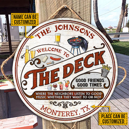 Personalized Deck Grilling Red Listen To The Good Music Vertical Custom Wood Circle Sign