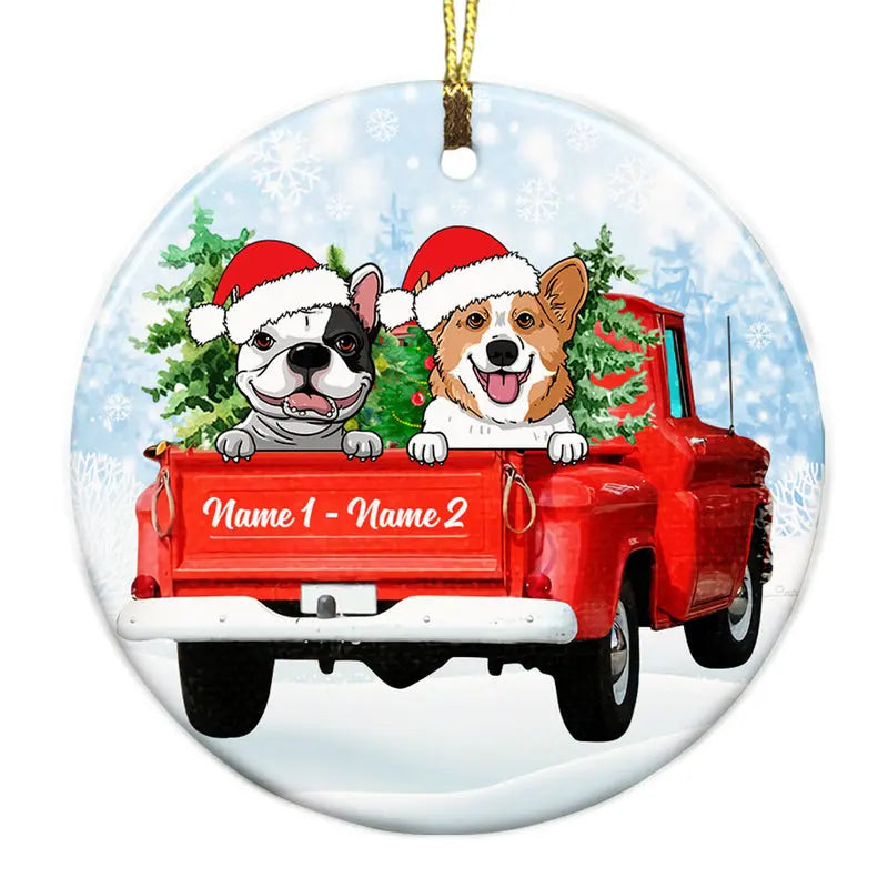 Personalized Dog Red Truck Christmas Circle Ornament ornament The Next Custom Gift